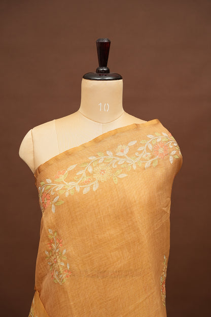 Embroidered Jute Linen Saree - Honey Beige