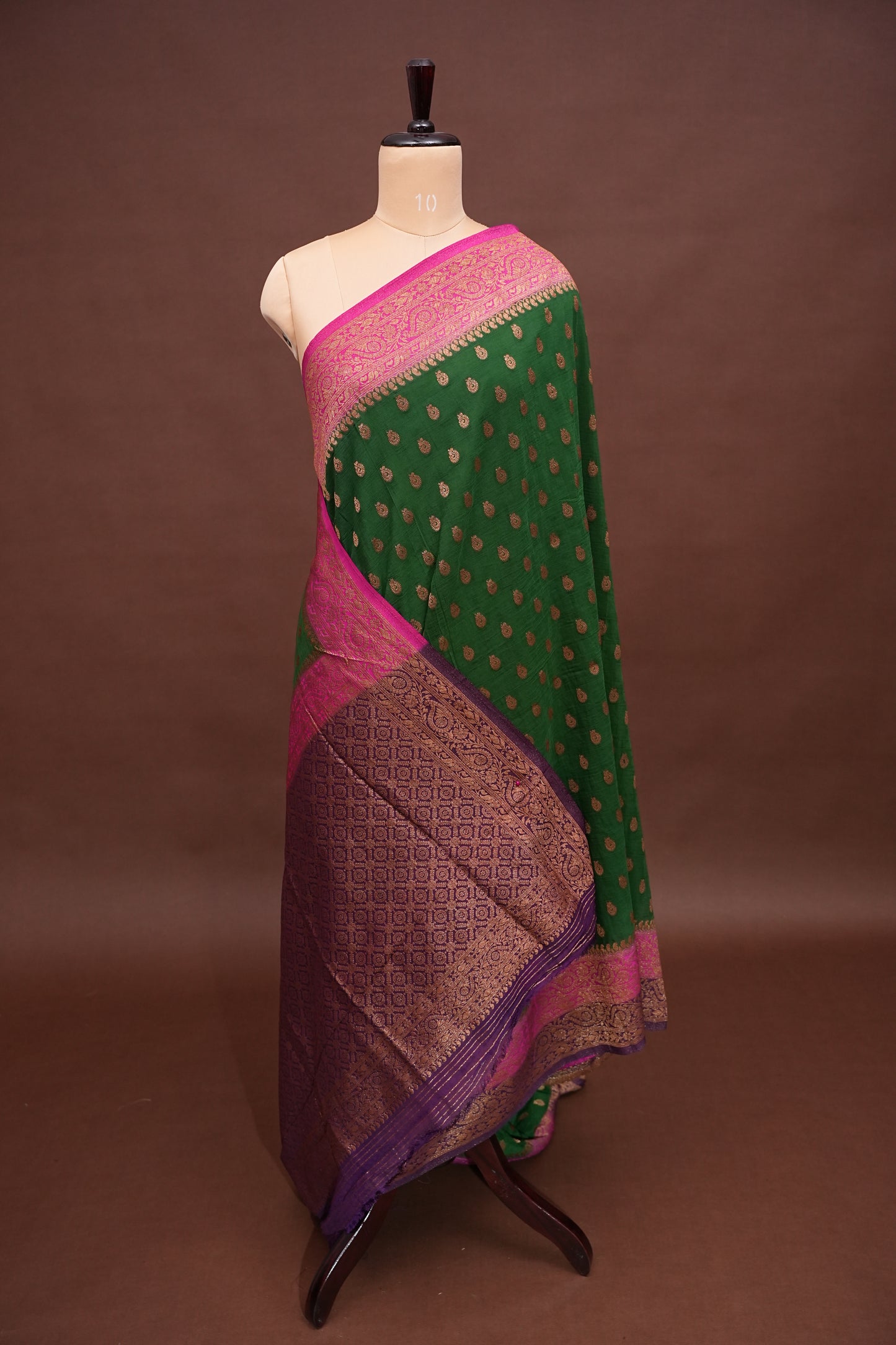 Banarasi Crepe Silk Georgette Saree – Bottle Green with Pink
