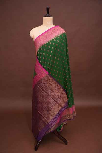 Banarasi Crepe Silk Georgette Saree – Bottle Green with Pink