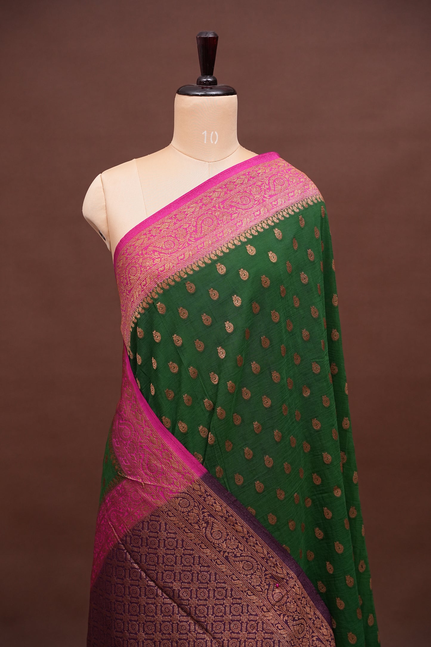 Banarasi Crepe Silk Georgette Saree – Bottle Green with Pink