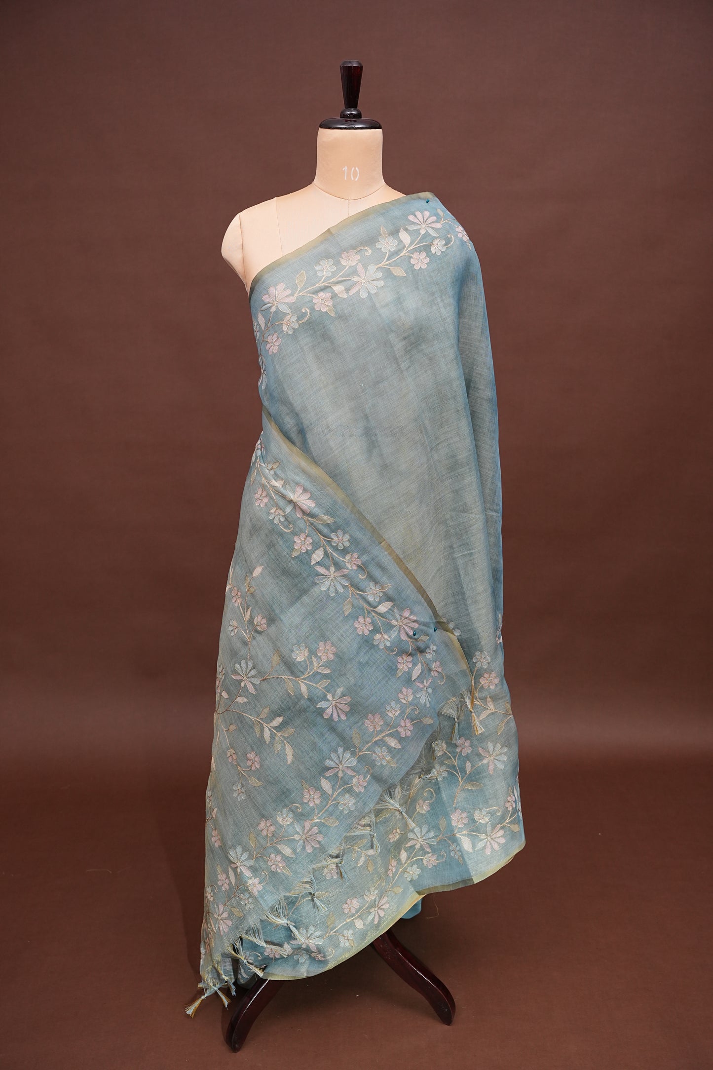 Embroidered Jute Linen Saree - Teal Blue