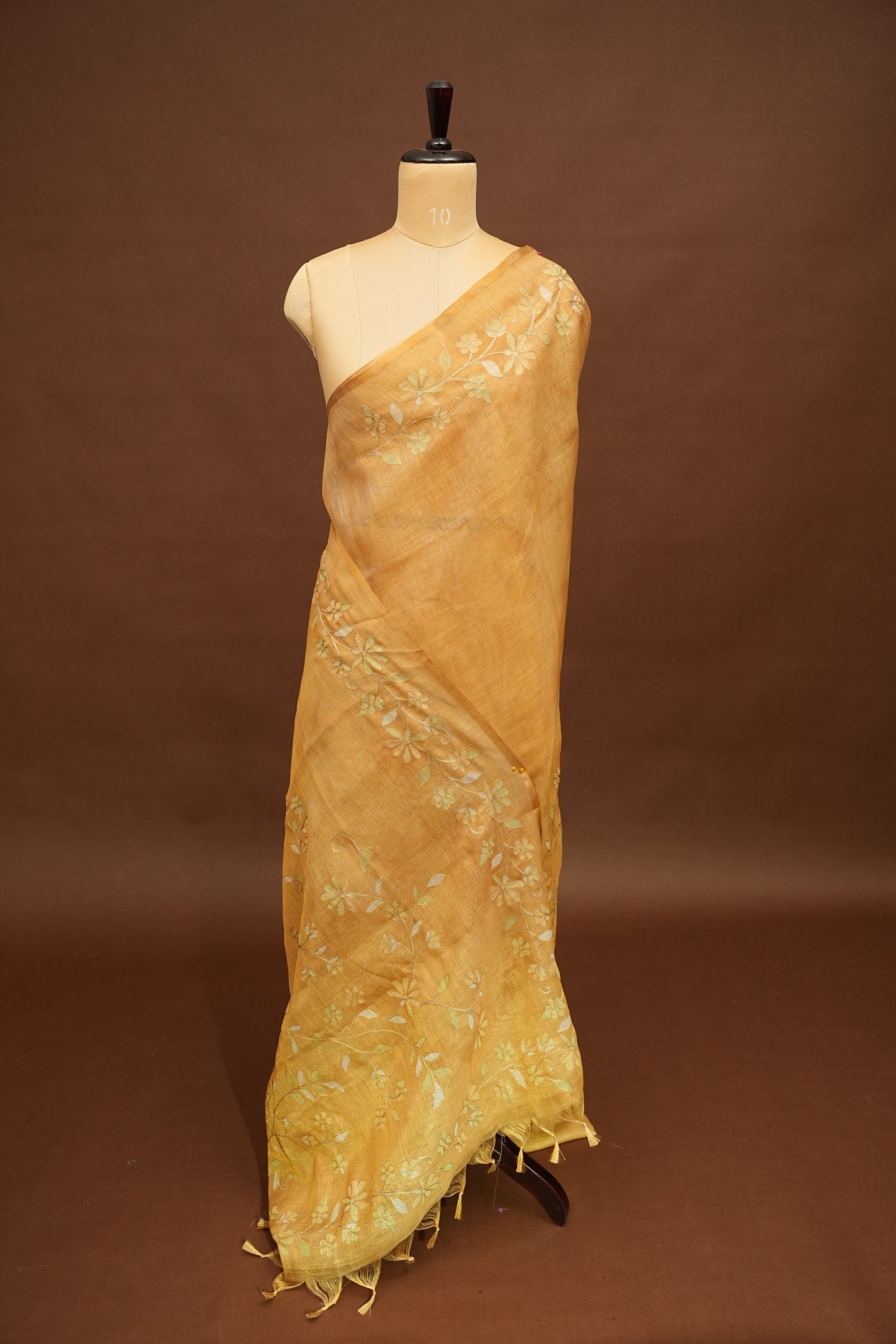 Embroidered Jute Linen Saree - Beige