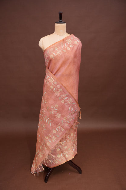 Embroidered Jute Linen Saree - Blush Pink