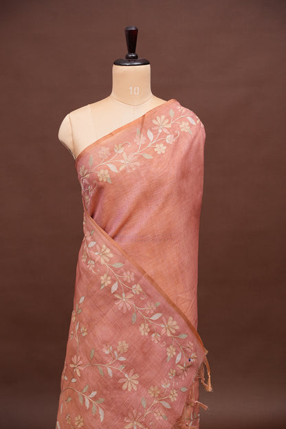 Embroidered Jute Linen Saree - Blush Pink