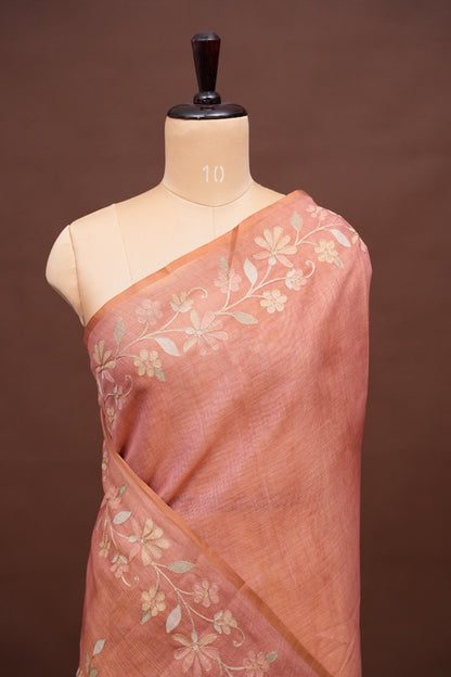 Embroidered Jute Linen Saree - Blush Pink