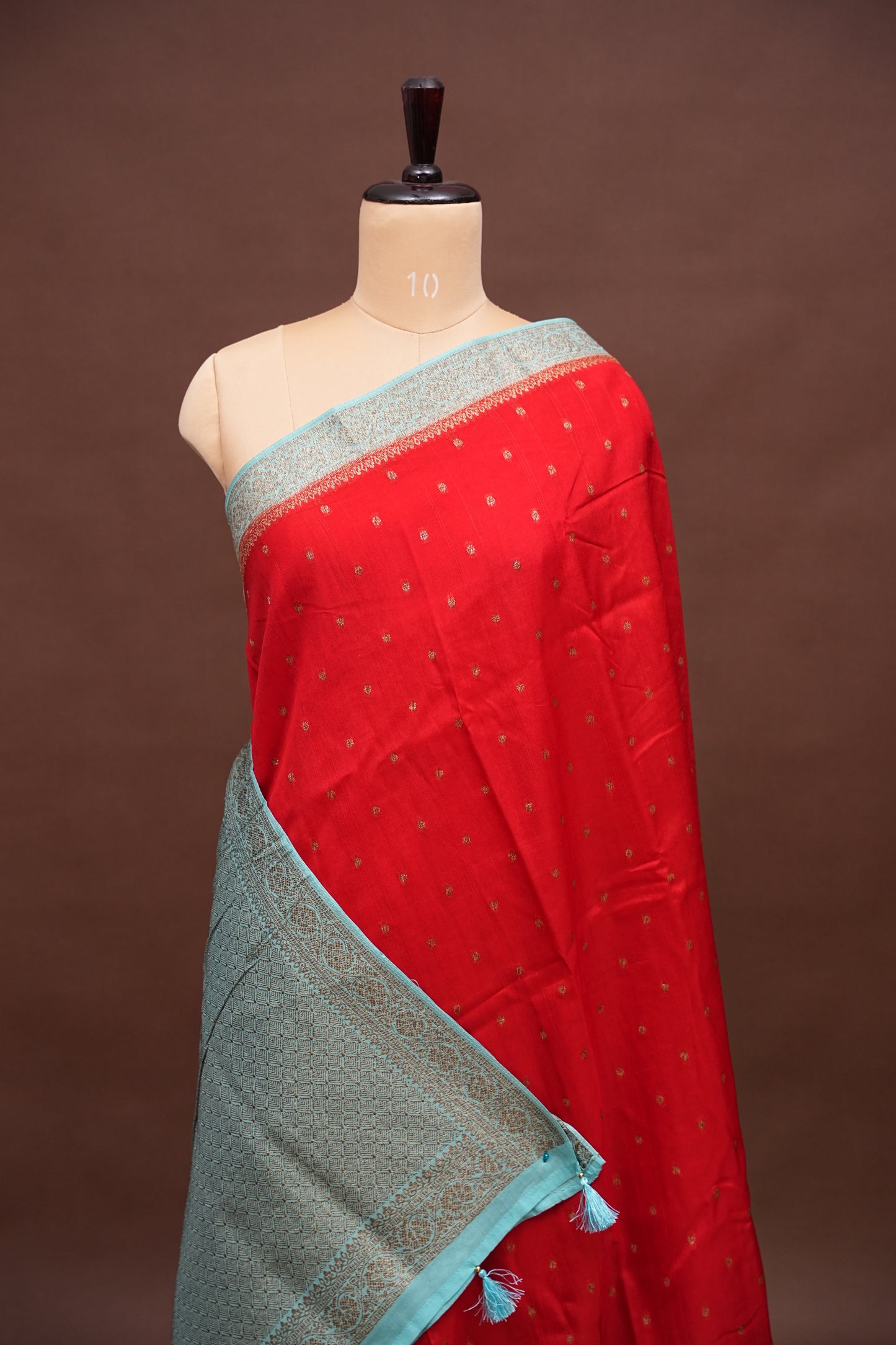Tussar Banarasi Raw Silk Saree – Red & Sea Green with Zari Border