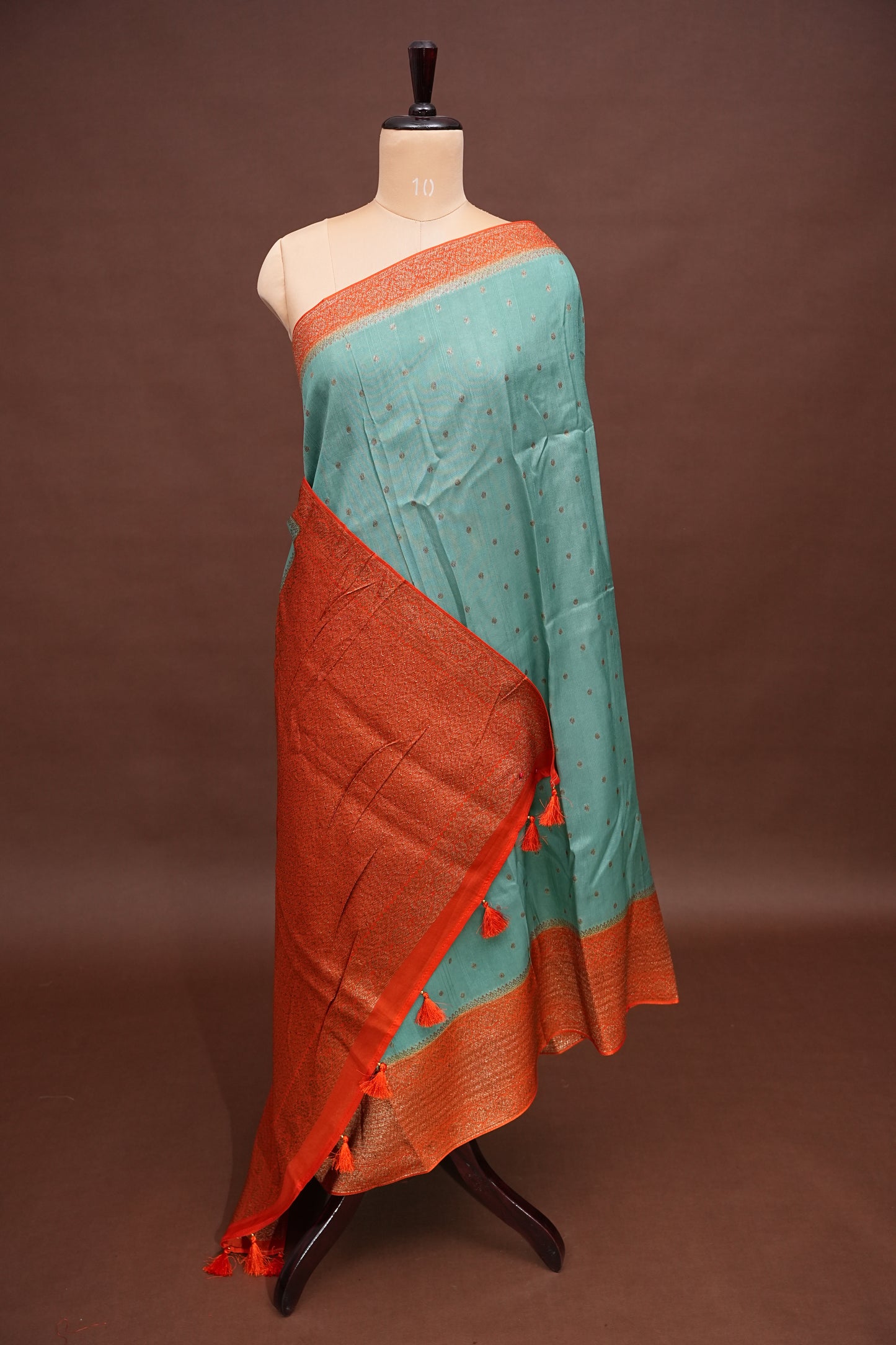 Tussar Banarasi Raw Silk Saree – Sea Green & Orange with Zari Border