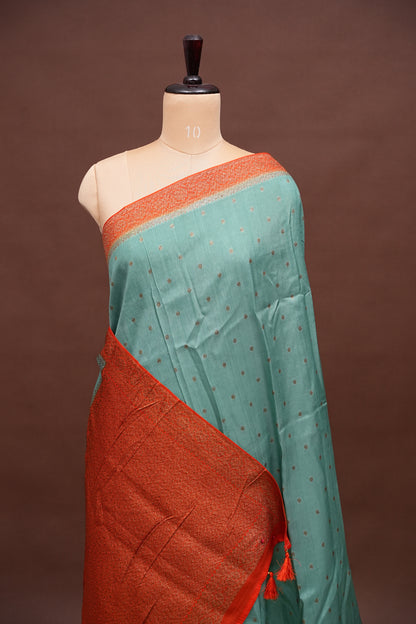 Tussar Banarasi Raw Silk Saree – Sea Green & Orange with Zari Border