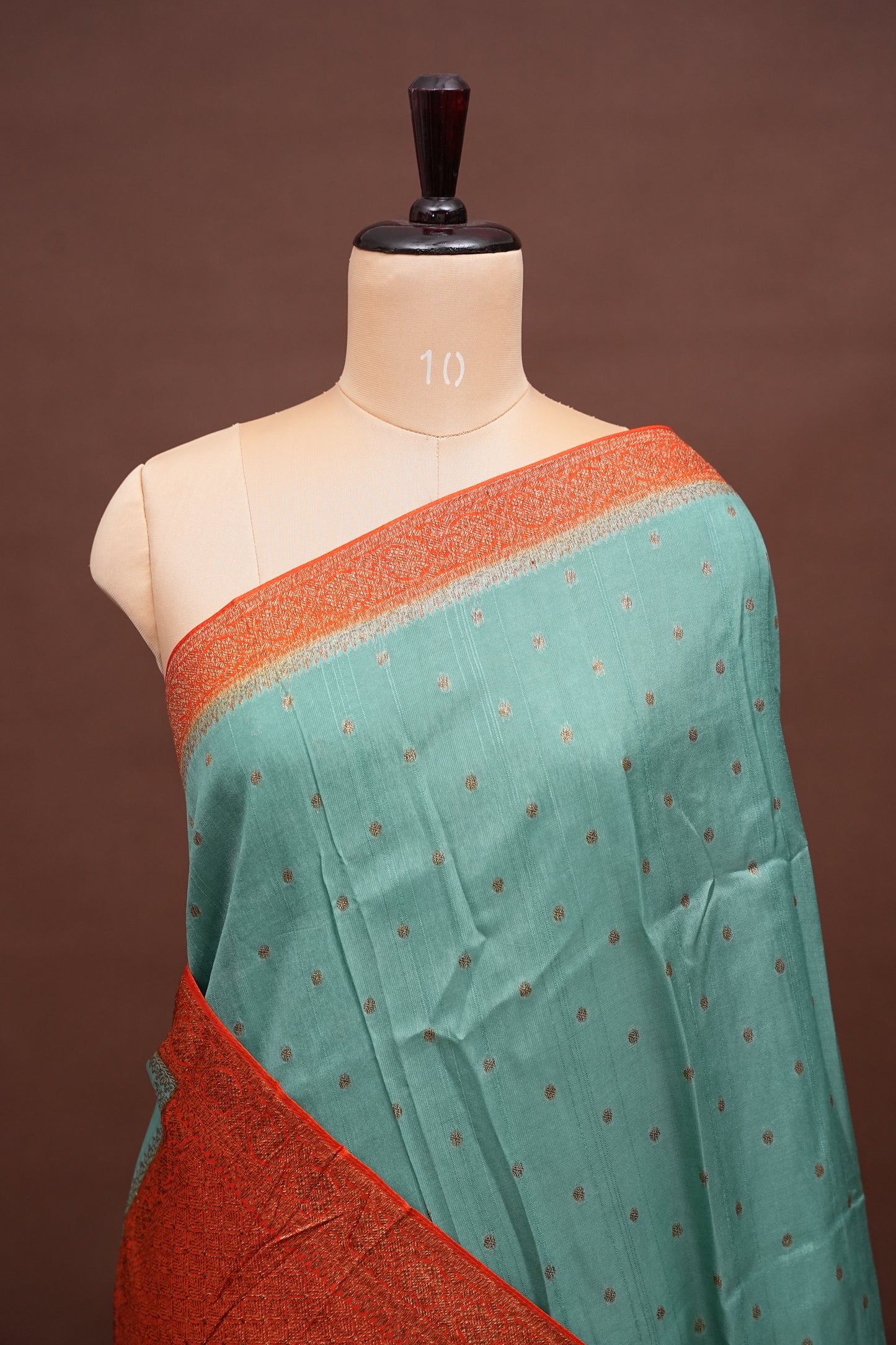 Tussar Banarasi Raw Silk Saree – Sea Green & Orange with Zari Border