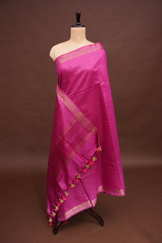Plain Pure Tussar Silk Saree - Pink
