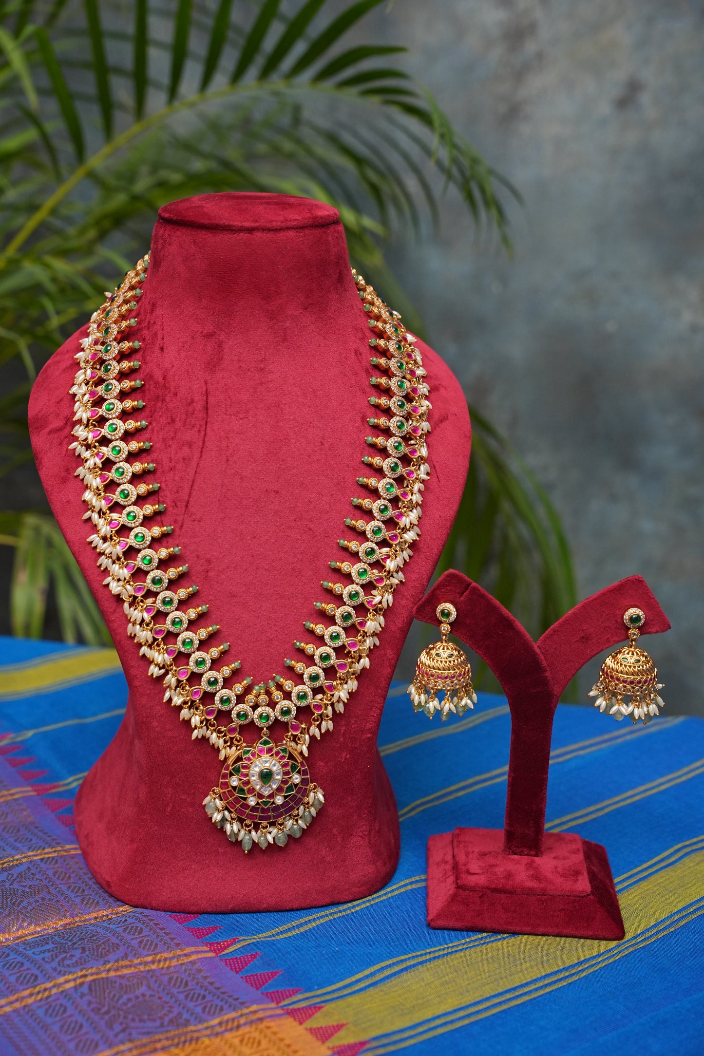 Antique Gold-Plated Jadau & Emerald Stone Haram Set with Pearl Drops