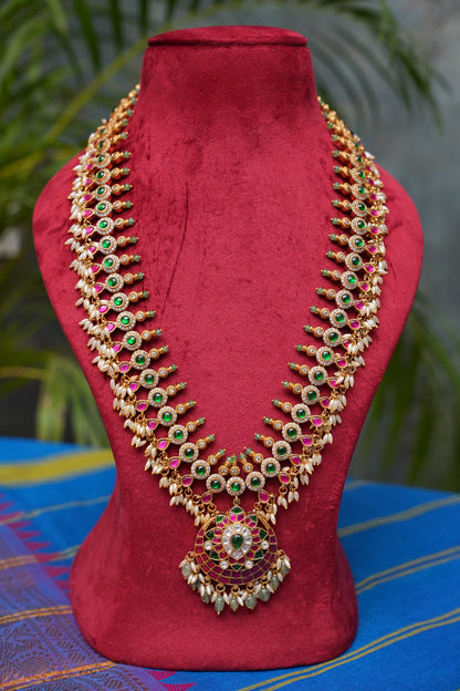 Antique Gold-Plated Jadau & Emerald Stone Haram Set with Pearl Drops