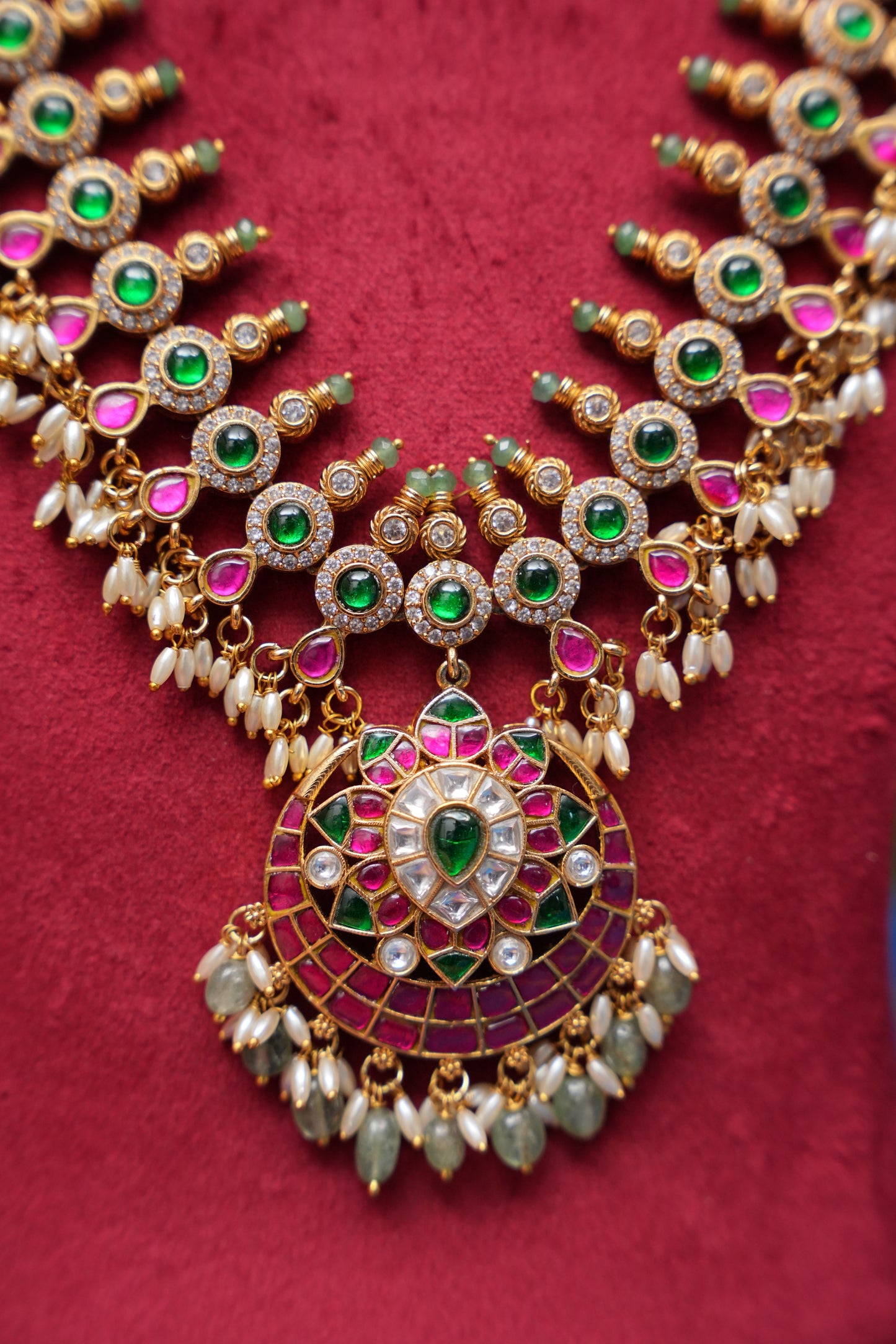 Antique Gold-Plated Jadau & Emerald Stone Haram Set with Pearl Drops