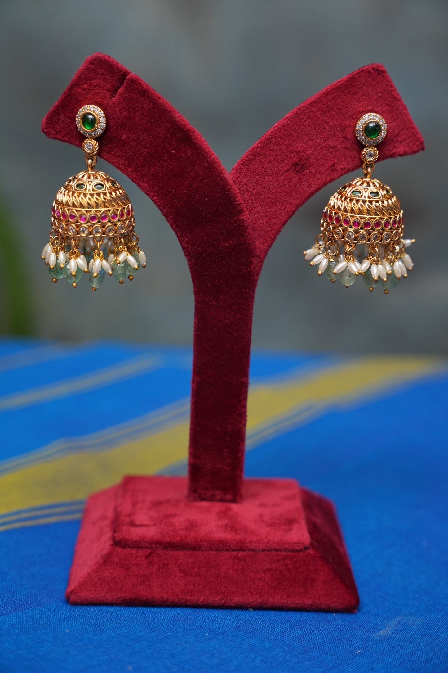 Antique Gold-Plated Jadau & Emerald Stone Haram Set with Pearl Drops