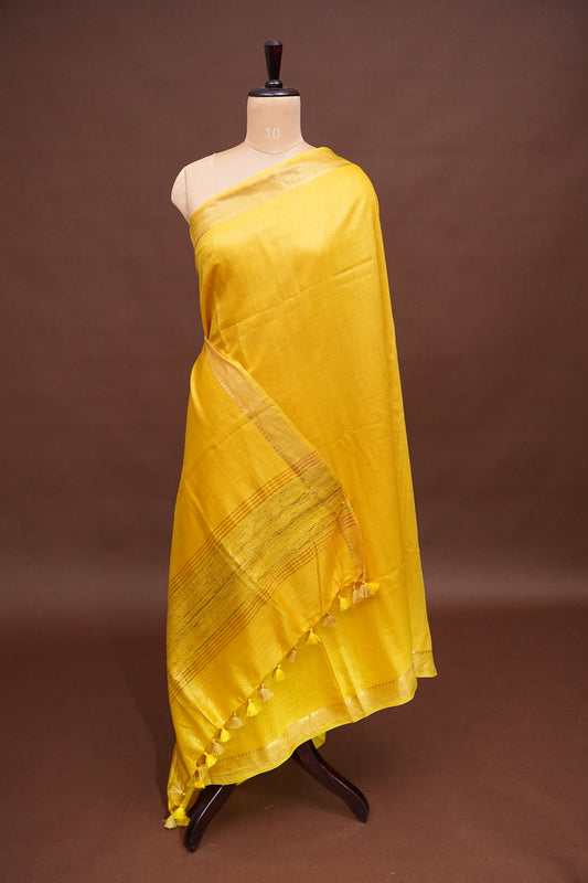 Plain Pure Tussar Silk Saree - Yellow