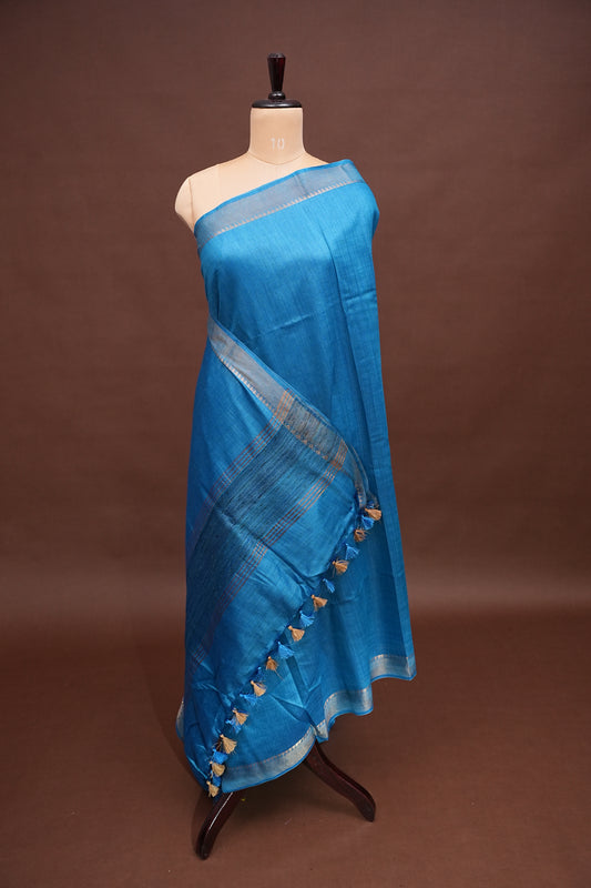 Plain Pure Tussar Silk Saree - Blue