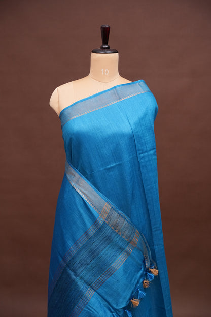 Plain Pure Tussar Silk Saree - Blue