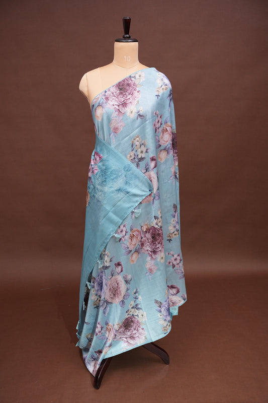 Powder Blue Kalamkari Tussar Silk Saree with Floral Digital Print