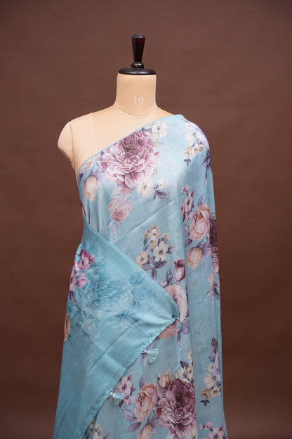 Powder Blue Kalamkari Tussar Silk Saree with Floral Digital Print