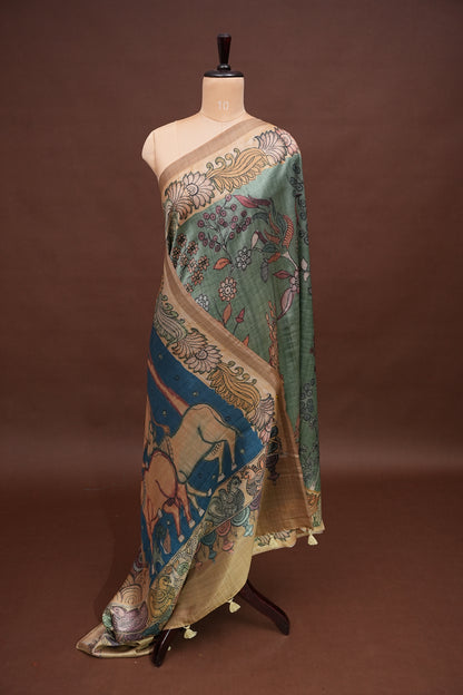 Artistic Green Kalamkari Tussar Silk Saree with Nature-Inspired Print