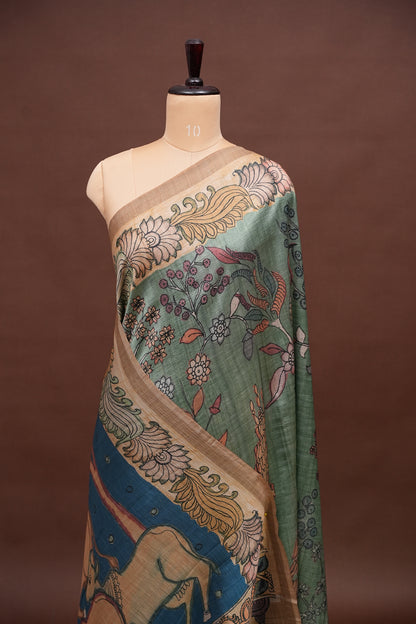 Artistic Green Kalamkari Tussar Silk Saree with Nature-Inspired Print