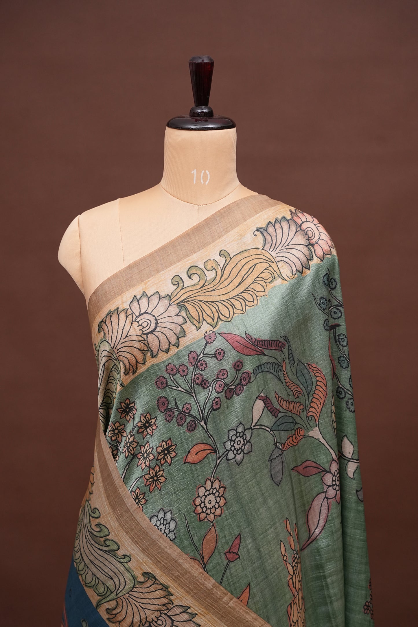 Artistic Green Kalamkari Tussar Silk Saree with Nature-Inspired Print