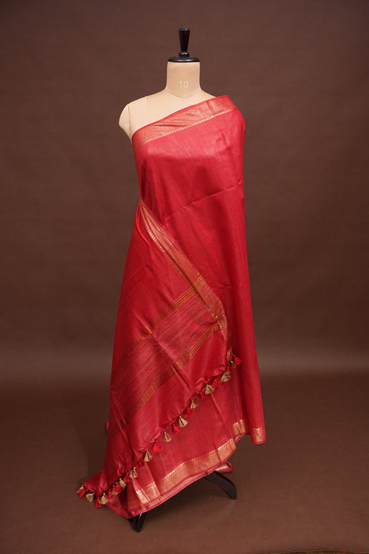 Plain Pure Tussar Silk Saree - Red