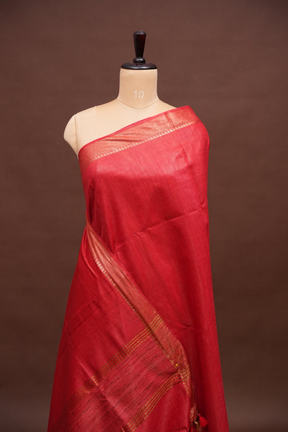 Plain Pure Tussar Silk Saree - Red