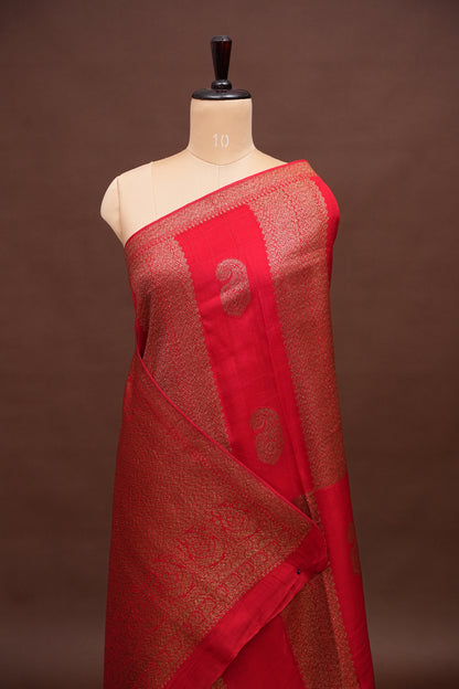 Tussar Banarasi Raw Silk Saree – Regal Red with Gold Mango Buttis