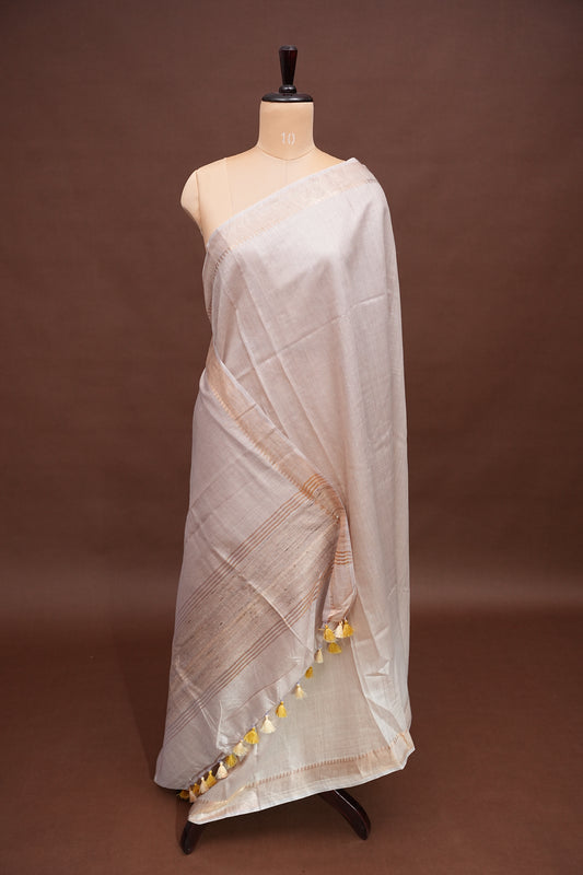 Plain Pure Tussar Silk Saree - Half White