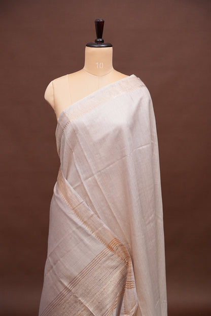 Plain Pure Tussar Silk Saree - Half White