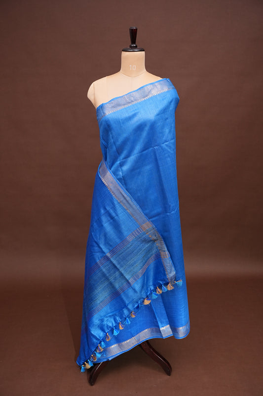 Plain Pure Tussar Silk Saree - Blue