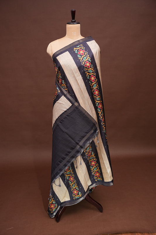 Semi Raw Silk Saree with Patola Prints & Striped Design – Dark Grey & Beige