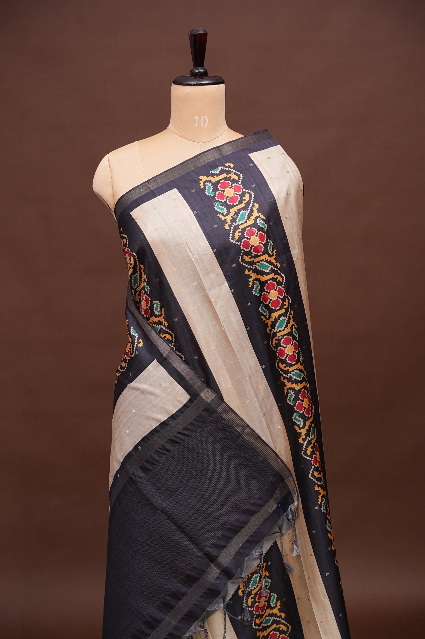 Semi Raw Silk Saree with Patola Prints & Striped Design – Dark Grey & Beige