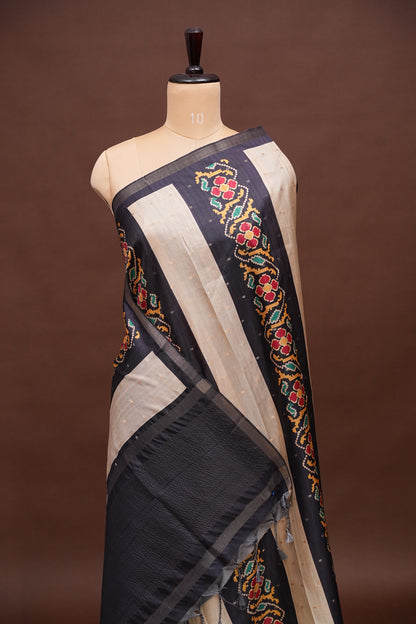 Semi Raw Silk Saree with Patola Prints & Striped Design – Dark Grey & Beige