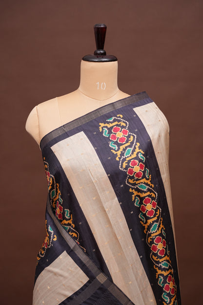 Semi Raw Silk Saree with Patola Prints & Striped Design – Dark Grey & Beige