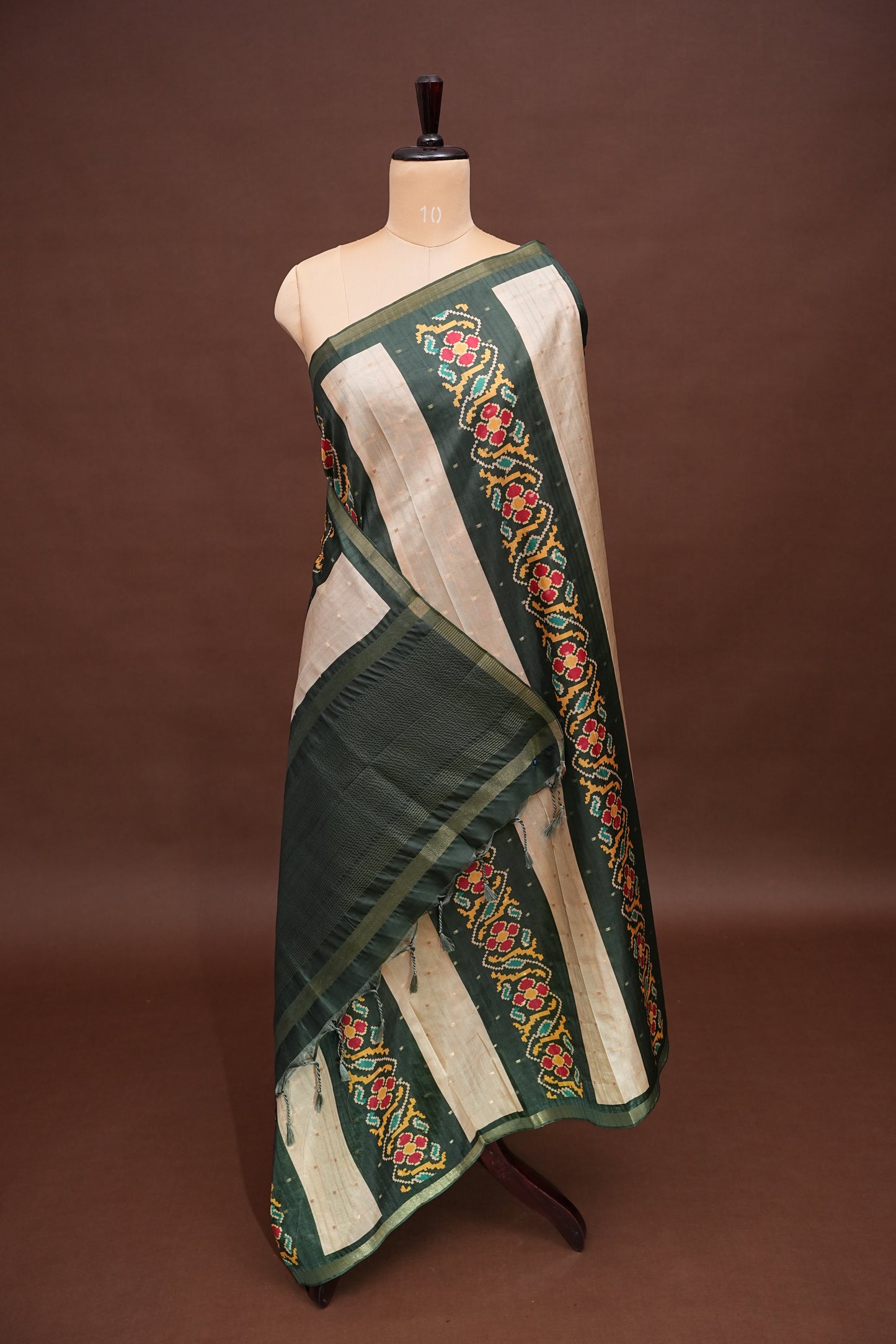 Semi Raw Silk Saree with Patola Prints & Striped Design – Bottle Green & Beige