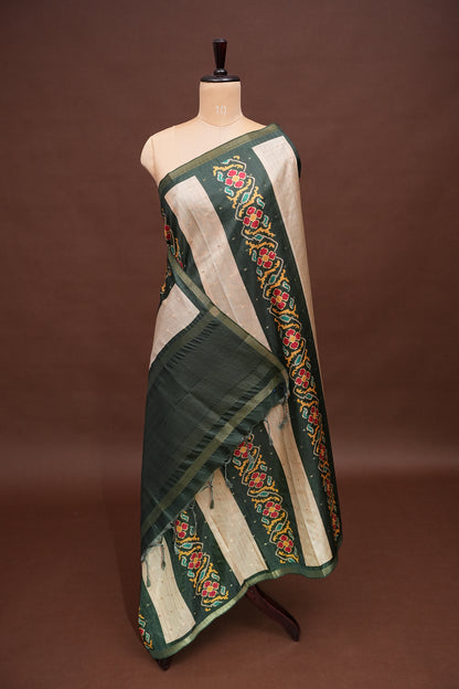 Semi Raw Silk Saree with Patola Prints & Striped Design – Bottle Green & Beige