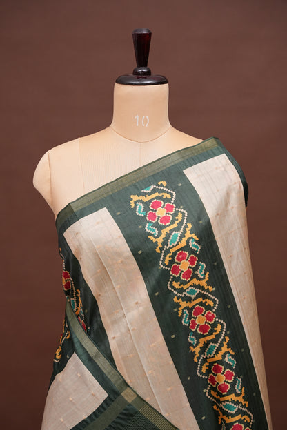 Semi Raw Silk Saree with Patola Prints & Striped Design – Bottle Green & Beige