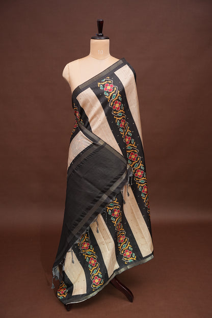 Semi Raw Silk Saree with Patola Prints & Striped Design – Black & Beige