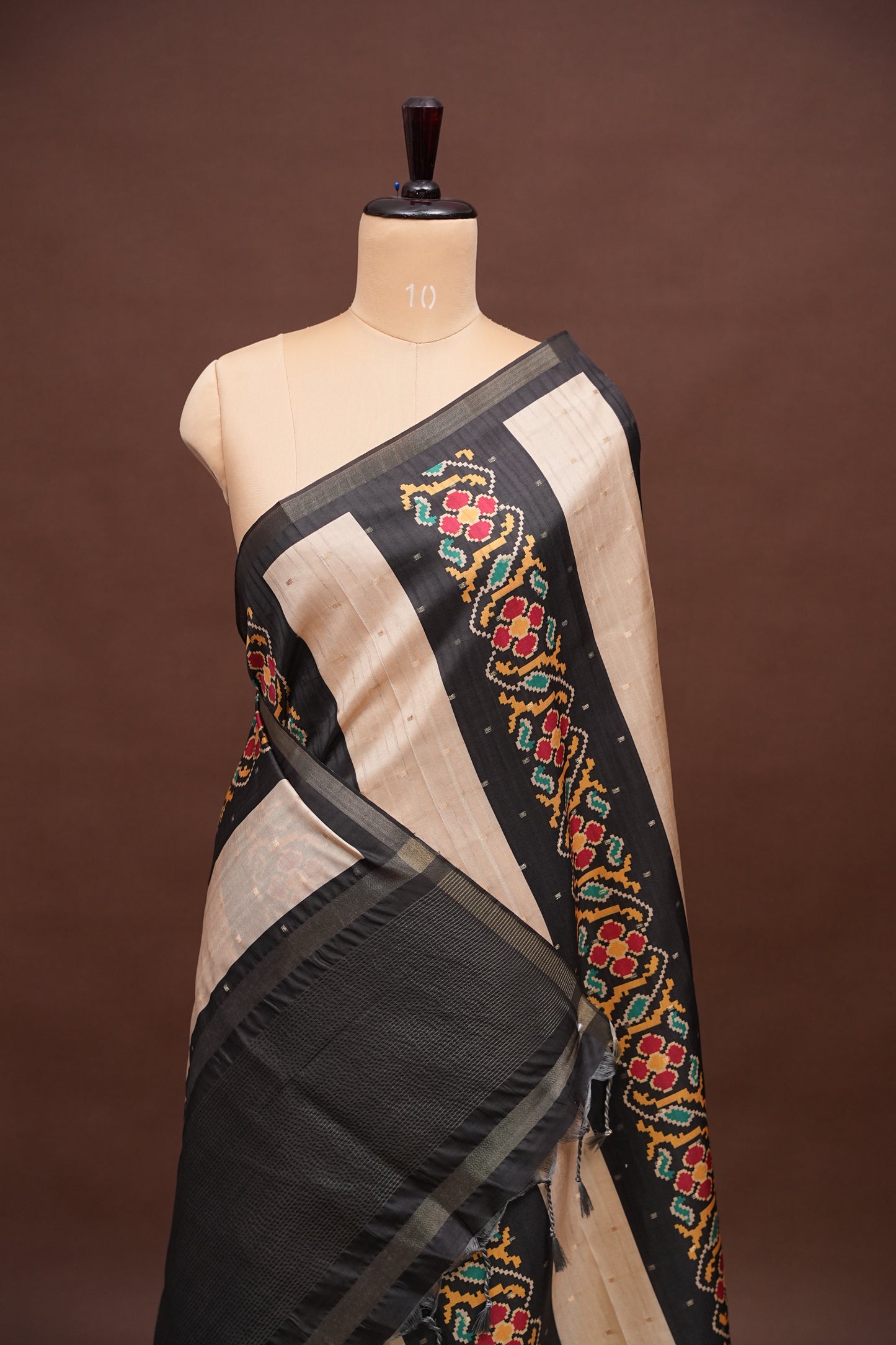 Semi Raw Silk Saree with Patola Prints & Striped Design – Black & Beige