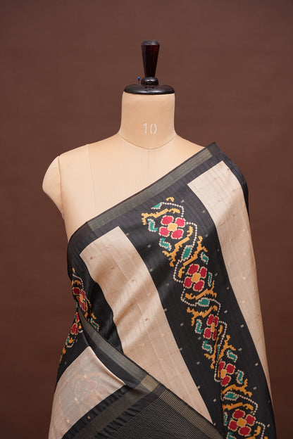 Semi Raw Silk Saree with Patola Prints & Striped Design – Black & Beige