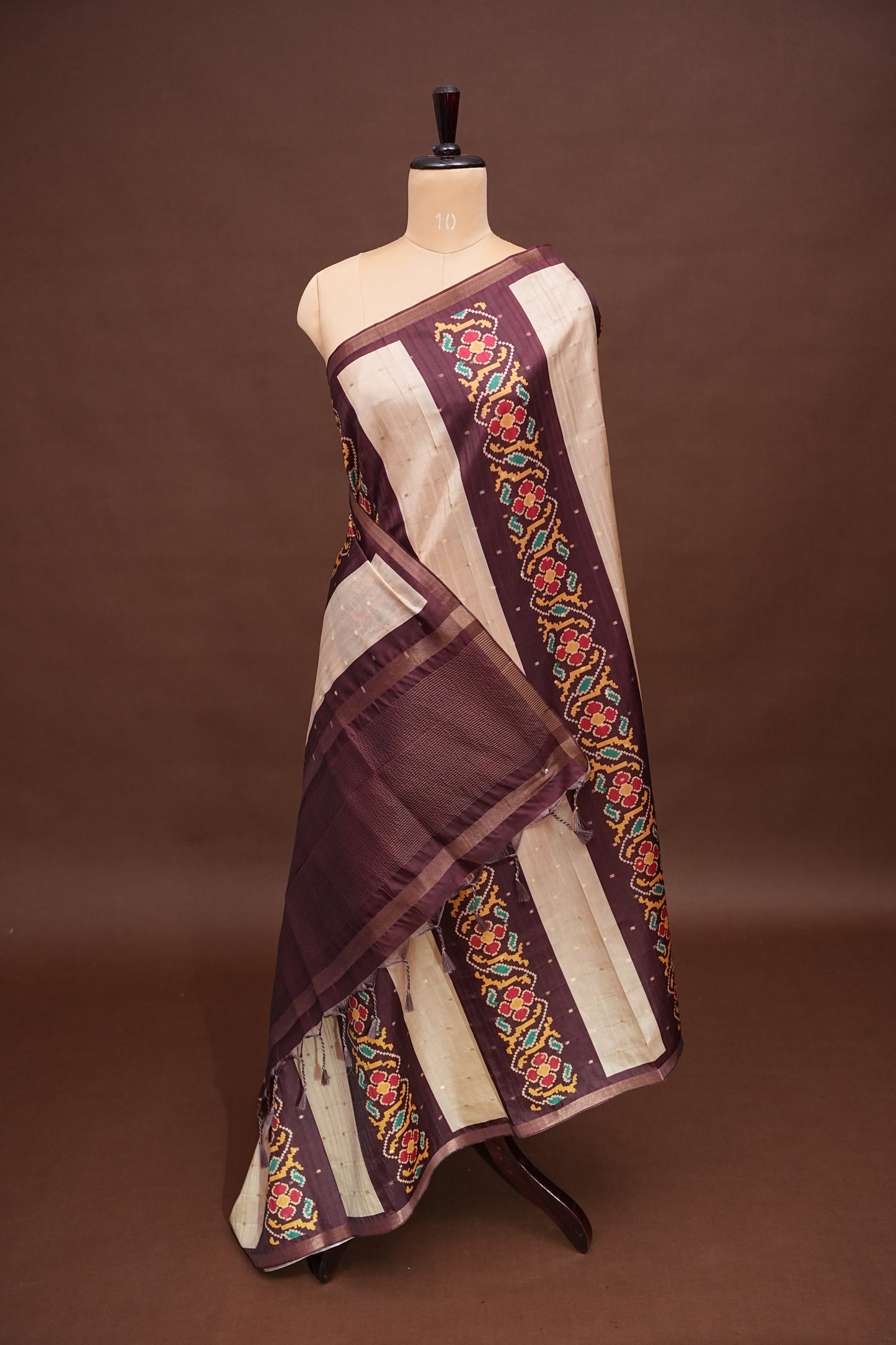 Semi Raw Silk Saree with Patola Prints & Striped Design – Deep Maroon