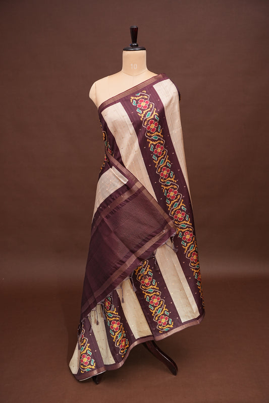 Semi Raw Silk Saree with Patola Prints & Striped Design – Deep Maroon
