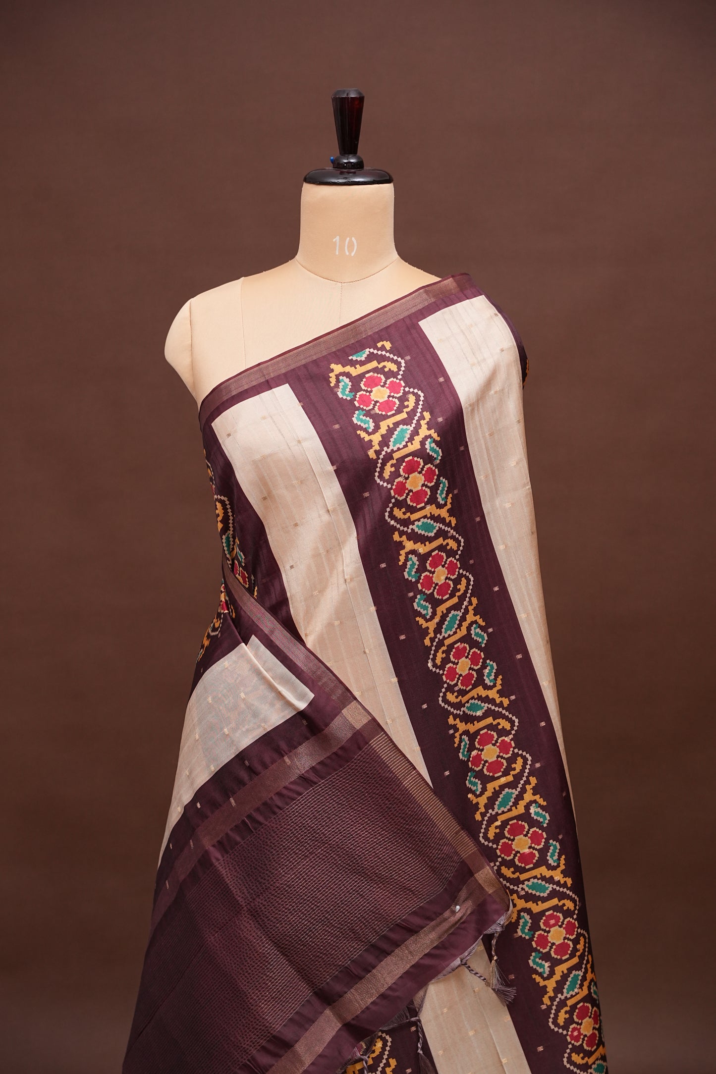 Semi Raw Silk Saree with Patola Prints & Striped Design – Deep Maroon