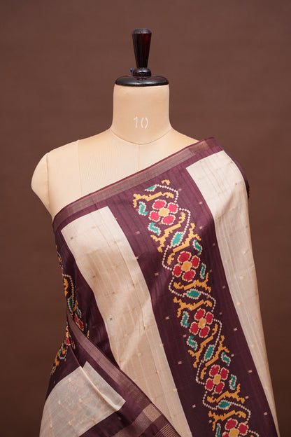 Semi Raw Silk Saree with Patola Prints & Striped Design – Deep Maroon