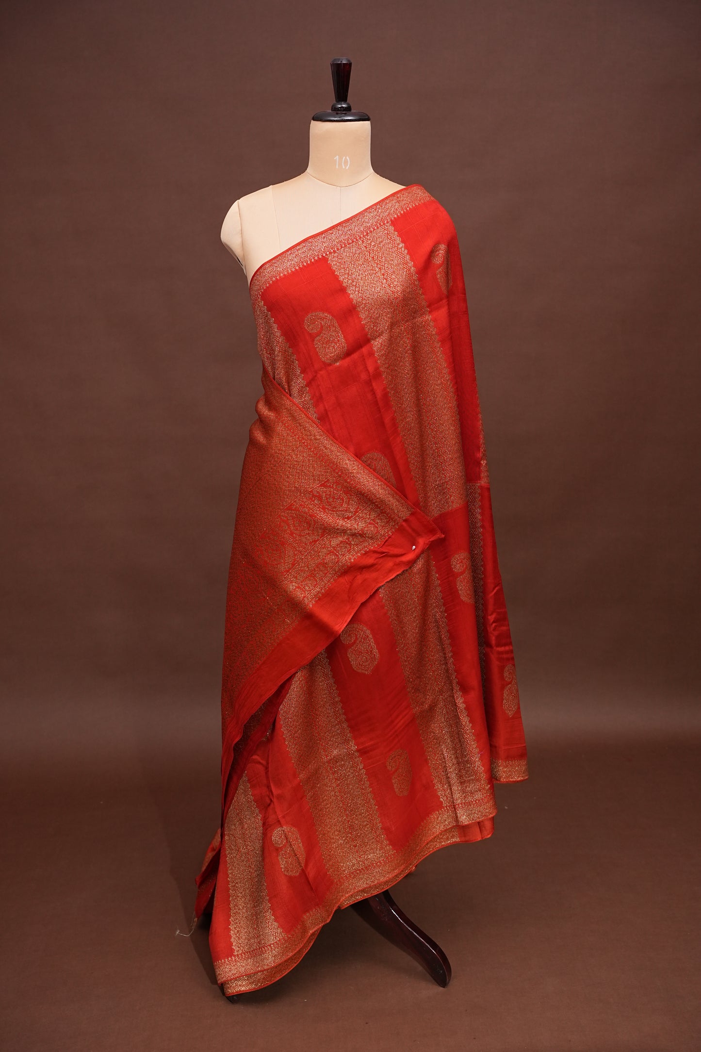 Tussar Banarasi Raw Silk Saree – Vermilion Red with Gold Mango Buttis