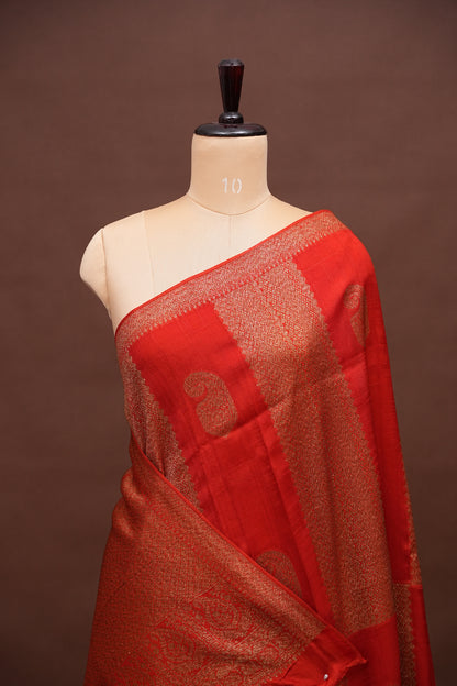Tussar Banarasi Raw Silk Saree – Vermilion Red with Gold Mango Buttis