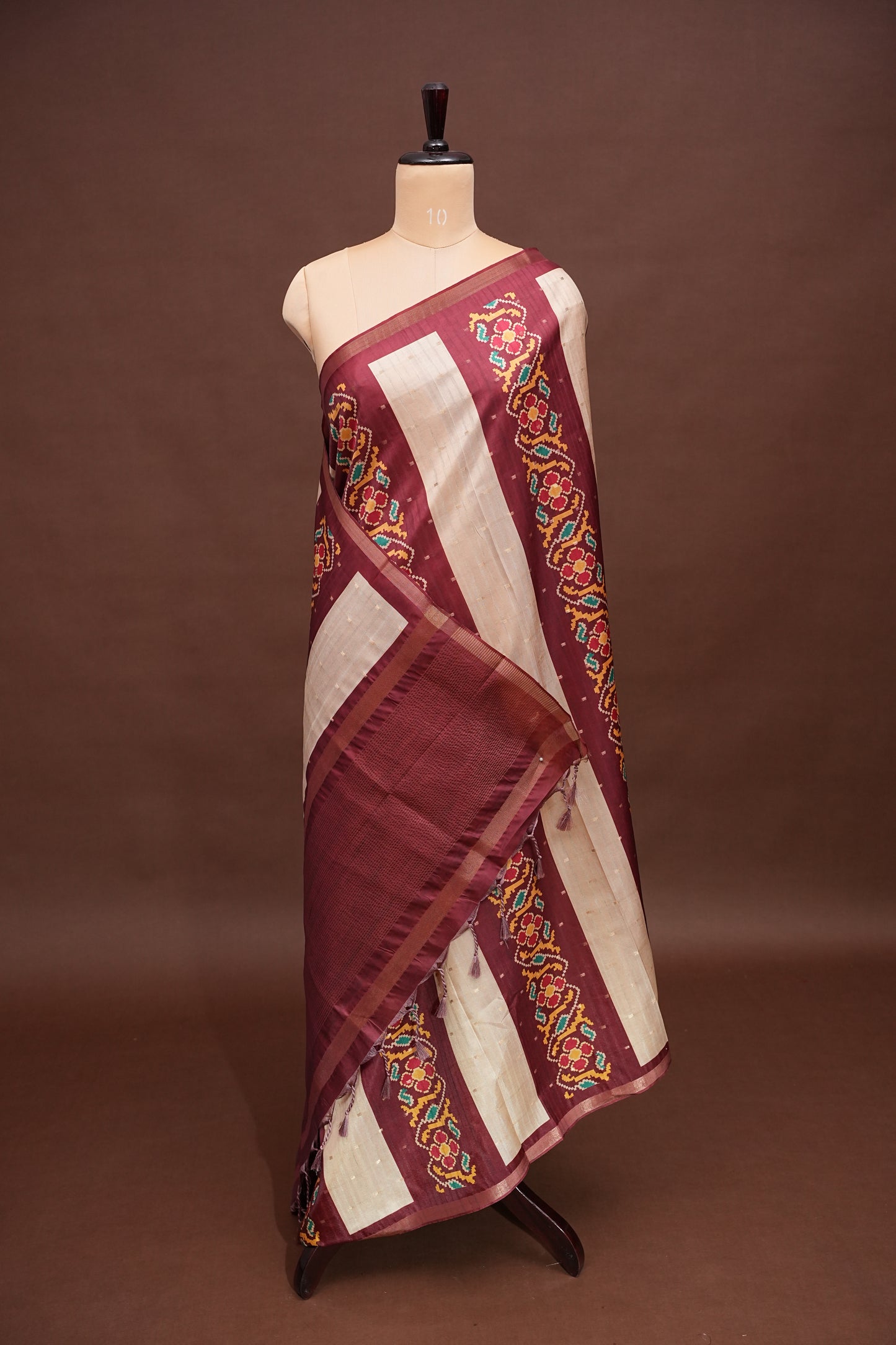 Semi Raw Silk Saree with Patola Prints & Striped Design – Maroon & Beige