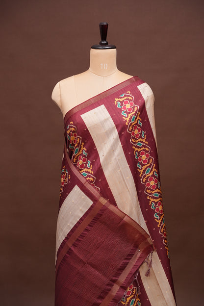 Semi Raw Silk Saree with Patola Prints & Striped Design – Maroon & Beige